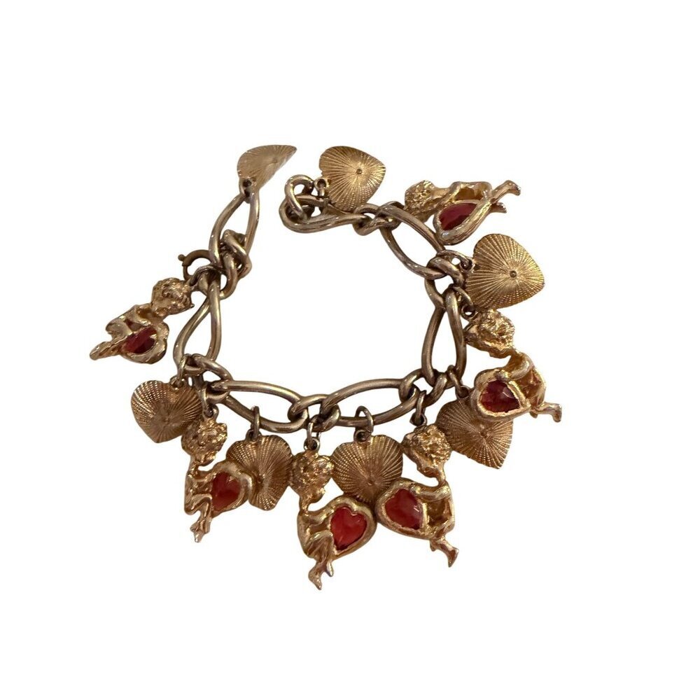 Vintage Womens Gold-toned Charm Bracelet Chunky Chain Multiple Dangling Charms